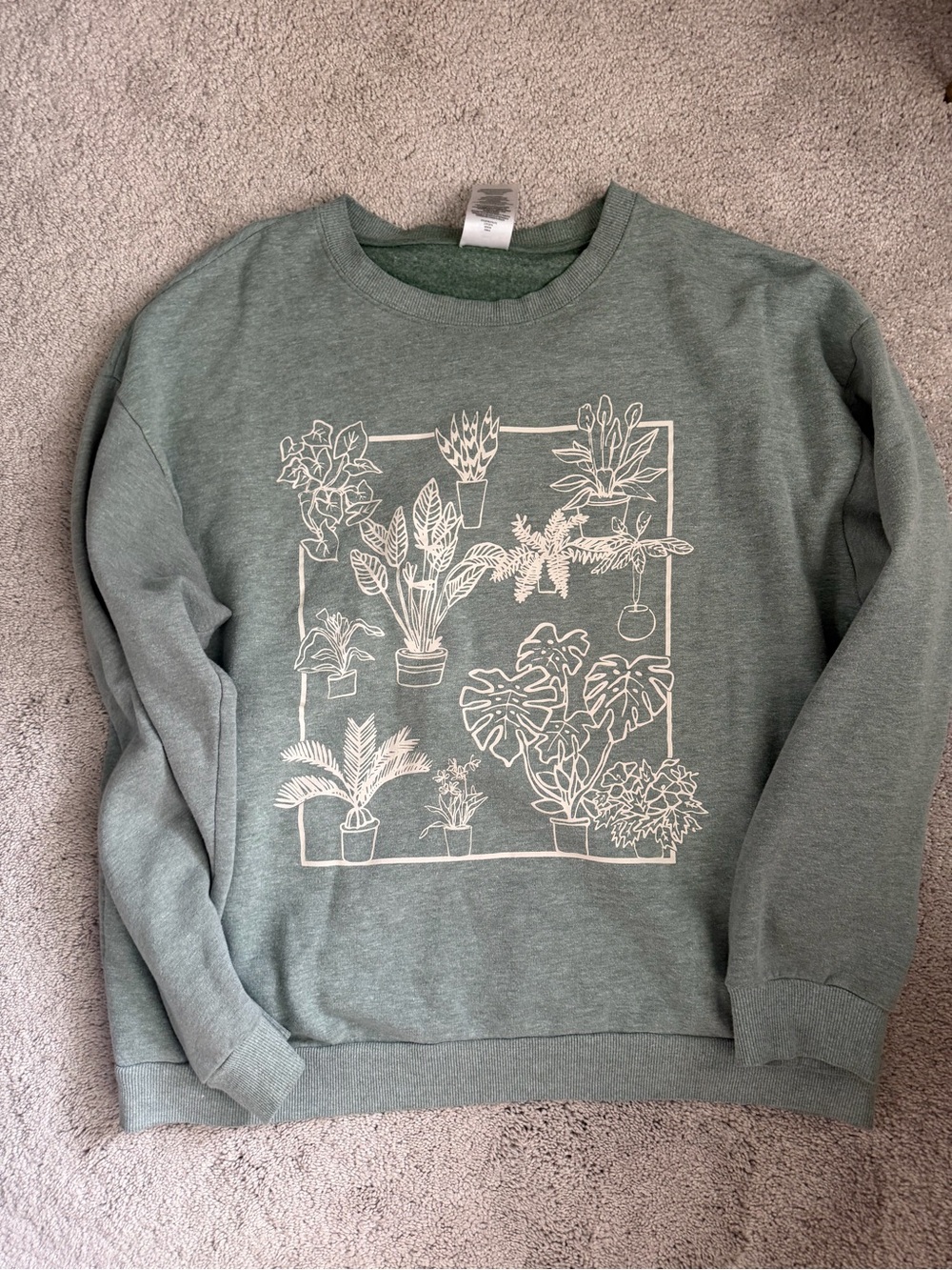Women's Sage Green Crewneck Sweater with White Botanical Print